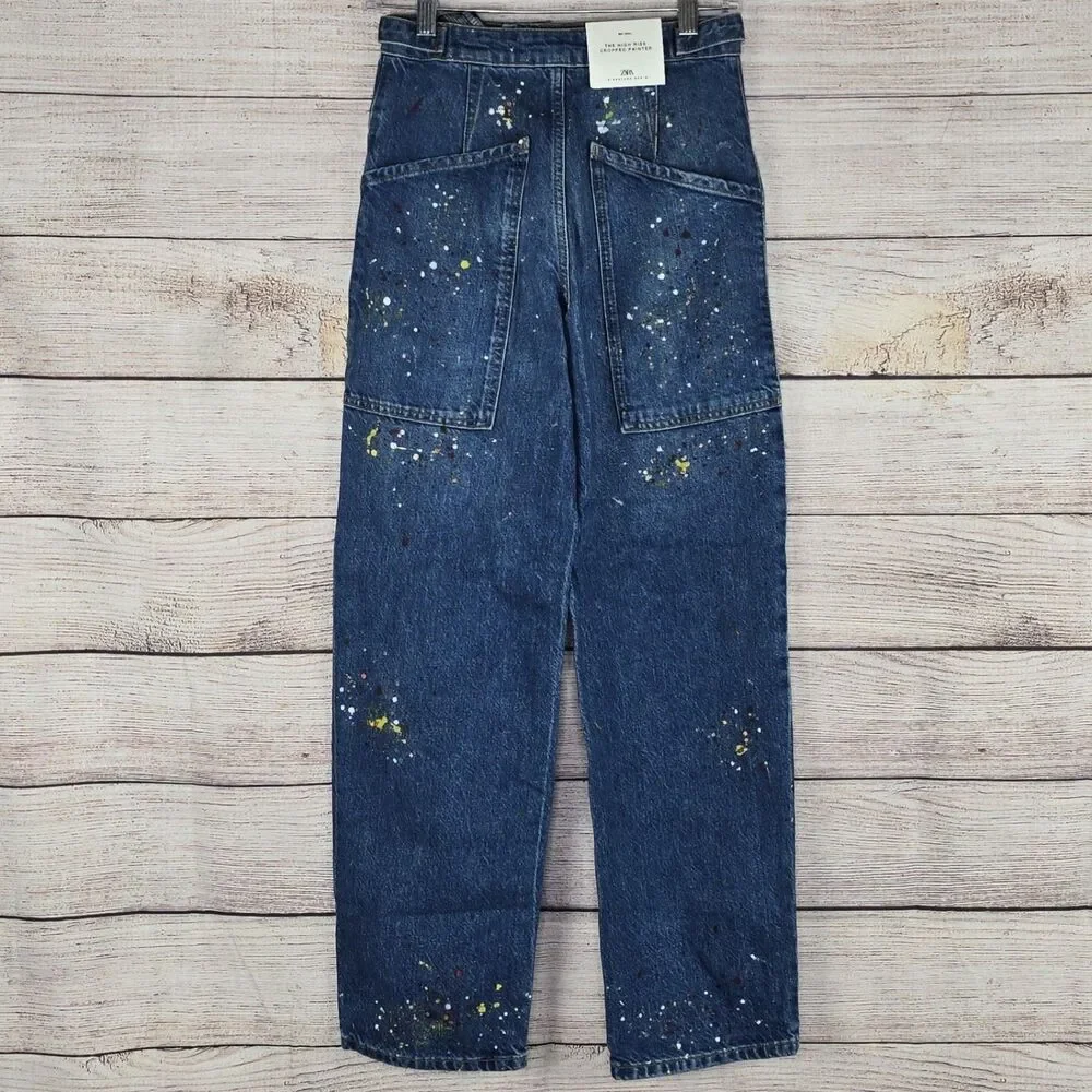 Zara Paint Splatter High Rise Cropped Painter Wide Leg Jeans Size 0 NWT - Picture 6 of 10
